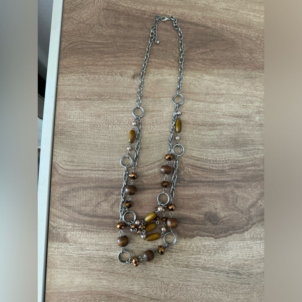 Wooden Beaded Silver Toned Layered Tiered Chain Necklace Fashion Office dress up
